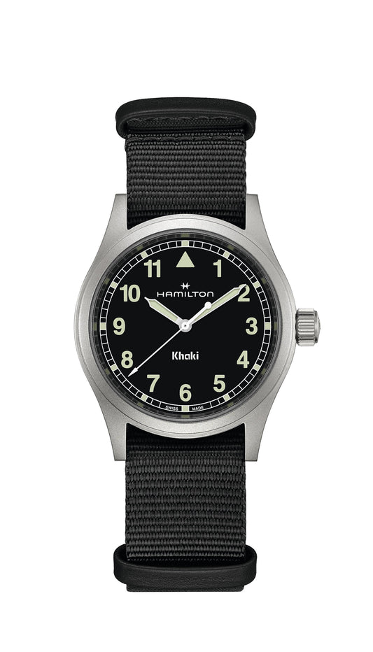 Hamilton Khaki Field Quartz H69401930 38mm Militäruhr schwarz Natoarmband in schwarz arabische Ziffern auf scharzem Zifferblatt