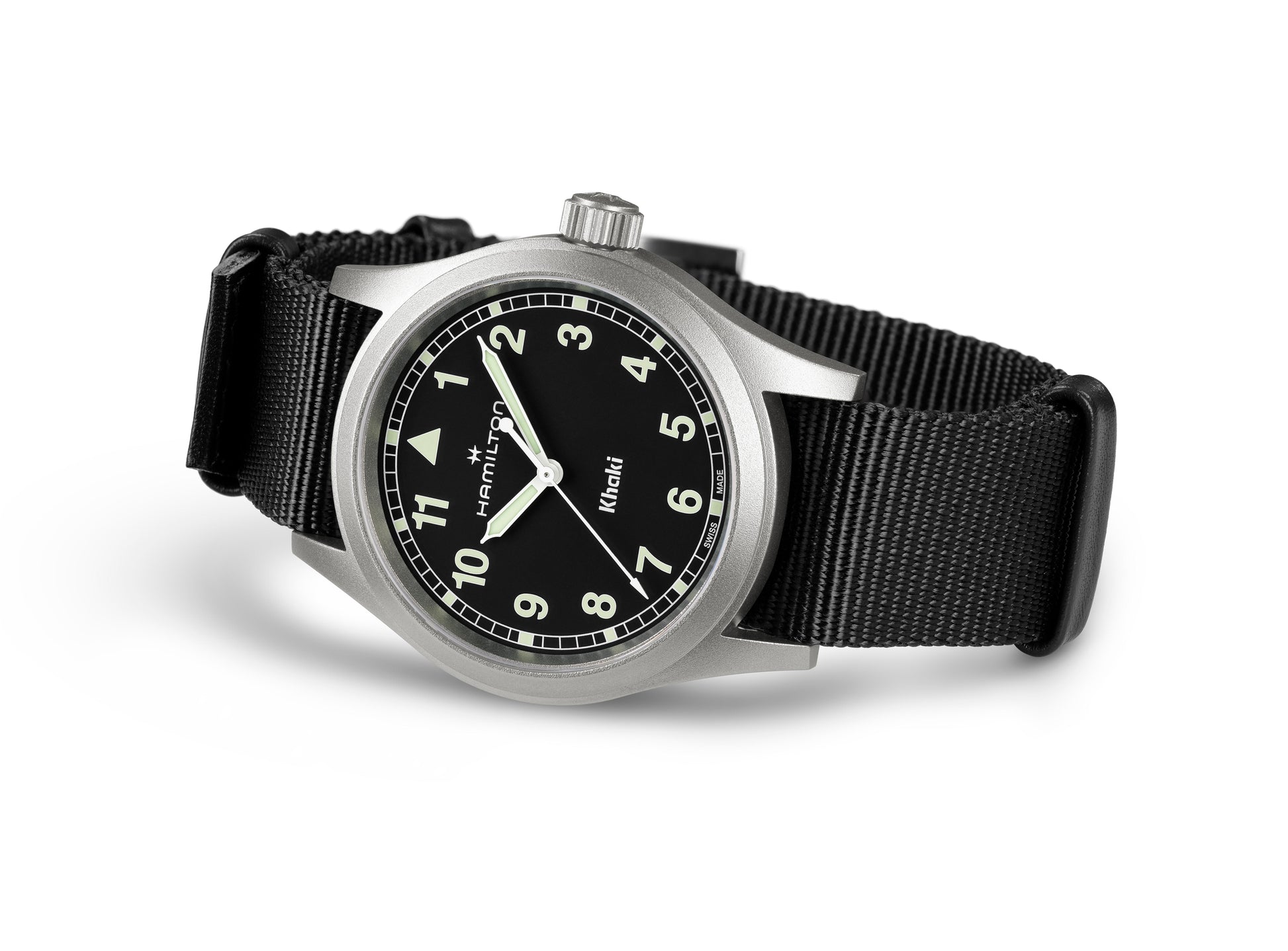 Hamilton Khaki Field Quartz H69401930 38mm Militäruhr schwarz Natoarmband in schwarz arabische Ziffern auf scharzem Zifferblatt