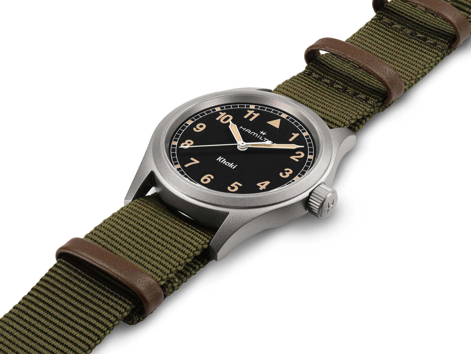 Hamilton Khaki Field Quartz H69401930 38mm Militäruhr schwarzes Zifferblatt mir arabischen Zahlen grüner Nato Armband