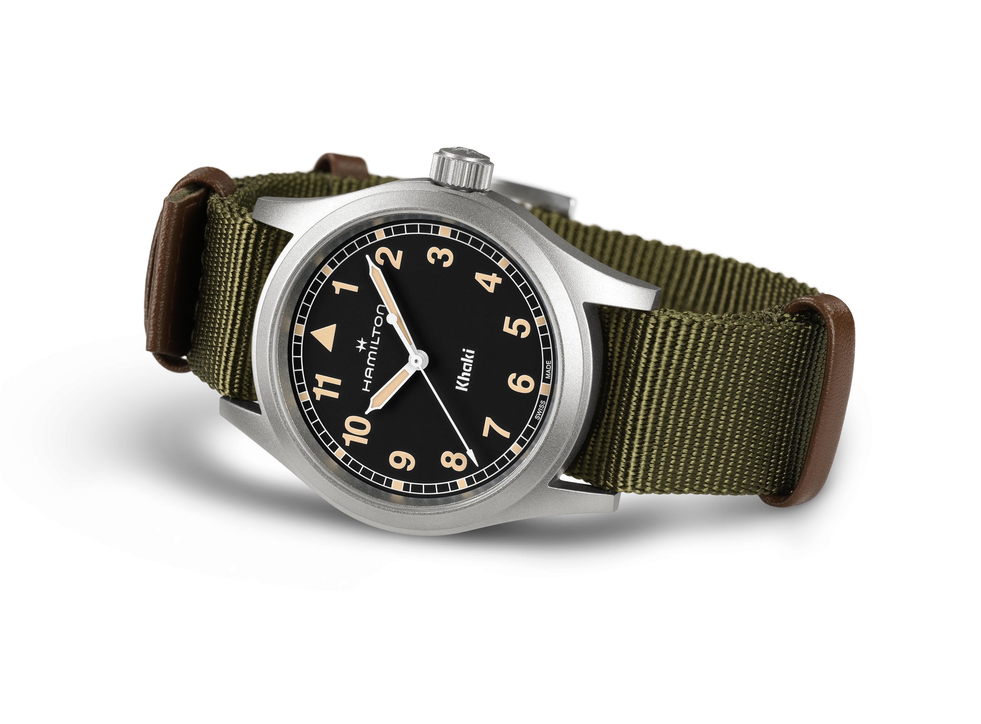 Hamilton Khaki Field Quartz H69401930 38mm Militäruhr schwarzes Zifferblatt mir arabischen Zahlen grüner Nato Armband