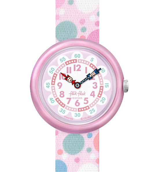 Flik Flak FLYING BUBBLES FBNP224 Kinderuhr Textilband Pink Türkis