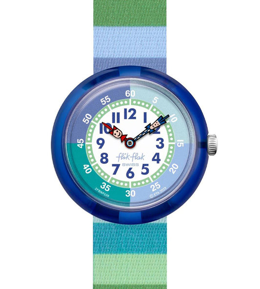 Flik Flak STRIPY GREEN FBNP226 Kinderuhr Türkis Blau Grün Textilband