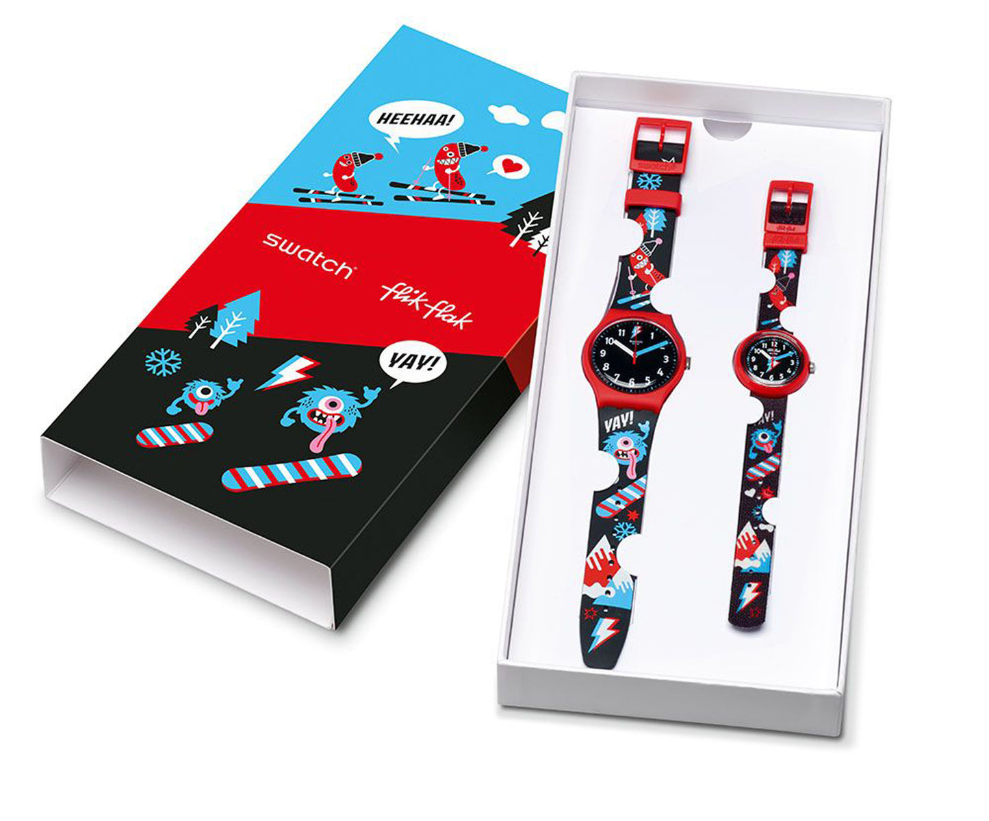 Swatch X Flik Flak TIME TOGETHER SET SZS38 Unisexuhr Schwarz Kinderuhr Schwarz Rot Snowboardmotiv Spezialbox