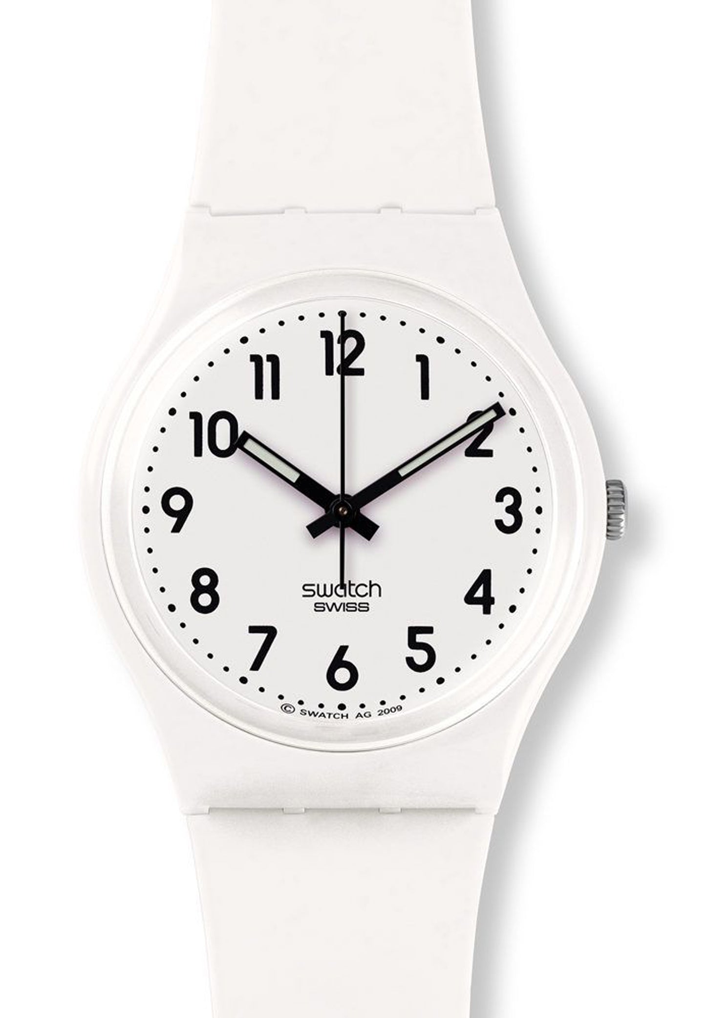 Swatch JUST WHITE SOFT SO28W107-S14 Damenuhr Weißes Gehäuse und Band schwarze Zeiger und arabische Ziffern