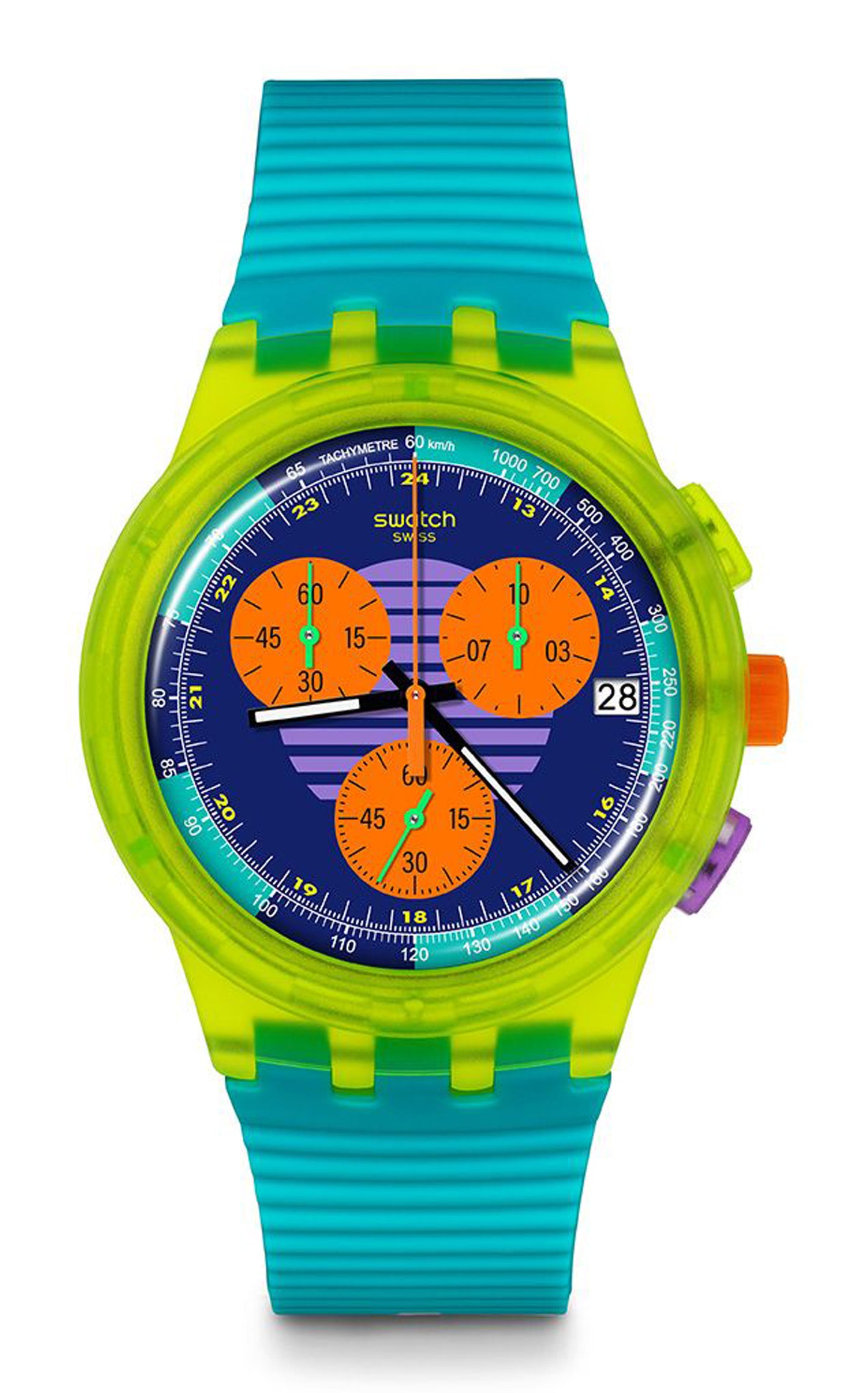 Swatch NEON WAVE SUSJ404 Unisexuhr Retro Chronograph Grün Türkis Blau Orange 