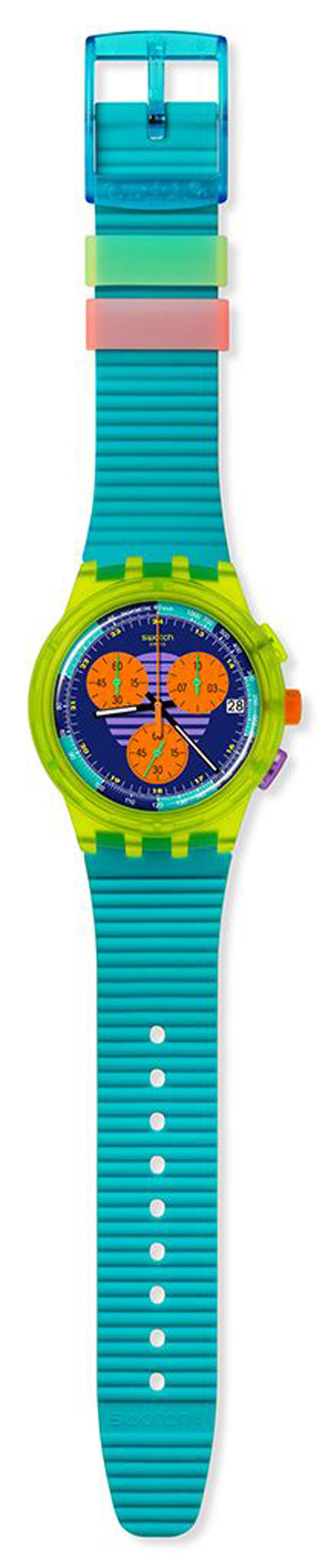 Swatch NEON WAVE SUSJ404 Unisexuhr Retro Chronograph Grün Türkis Blau Orange 