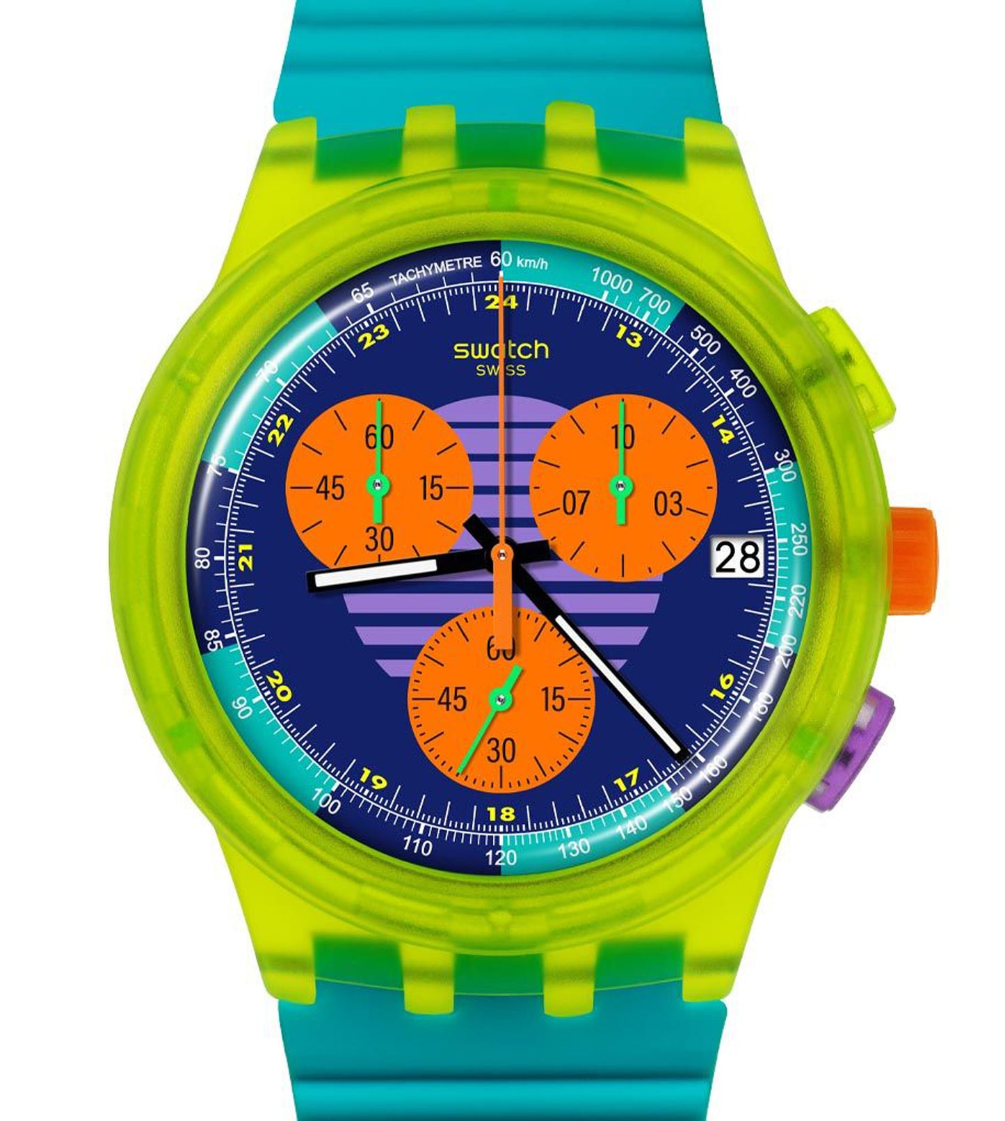 Swatch NEON WAVE SUSJ404 Unisexuhr Retro Chronograph Grün Türkis Blau Orange 