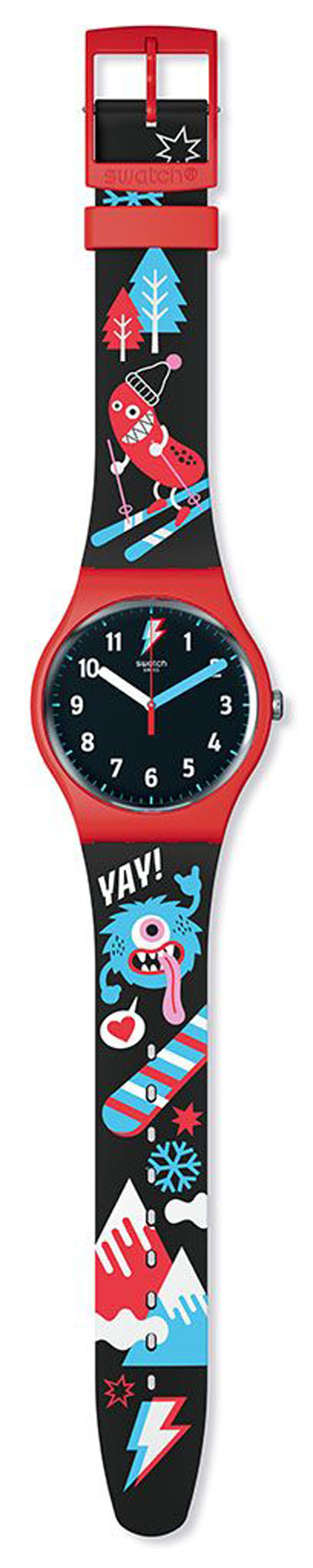 Swatch Unisexuhr Slide Master Schwarz Schwarz Rot Snowboardmotiv 